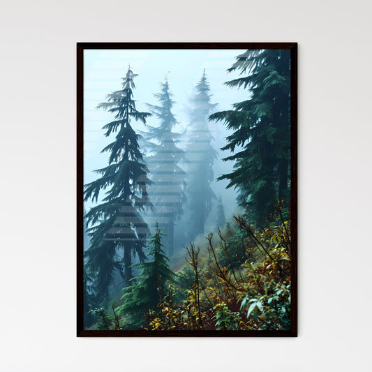 A Poster of tree mountain forest near mist - - Framed Art Print
