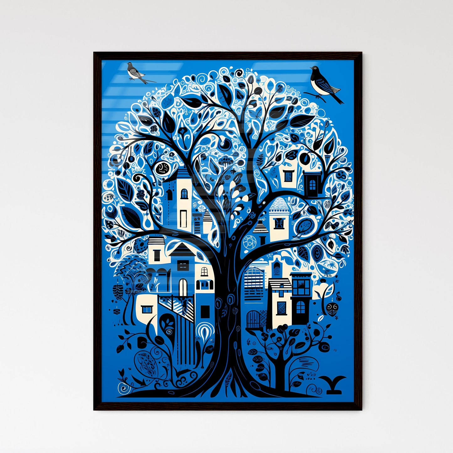 A Poster of electric blue Israel - A Tree With Buildings And Leaves Framed Art