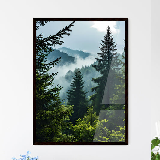 A Poster of tree mountain forest near mist - - Framed Art Print