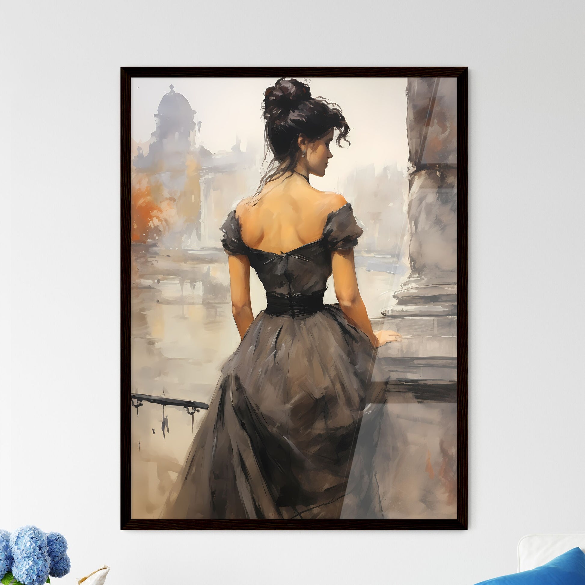 A Poster of rear view of woman with a victor - Framed Art Print