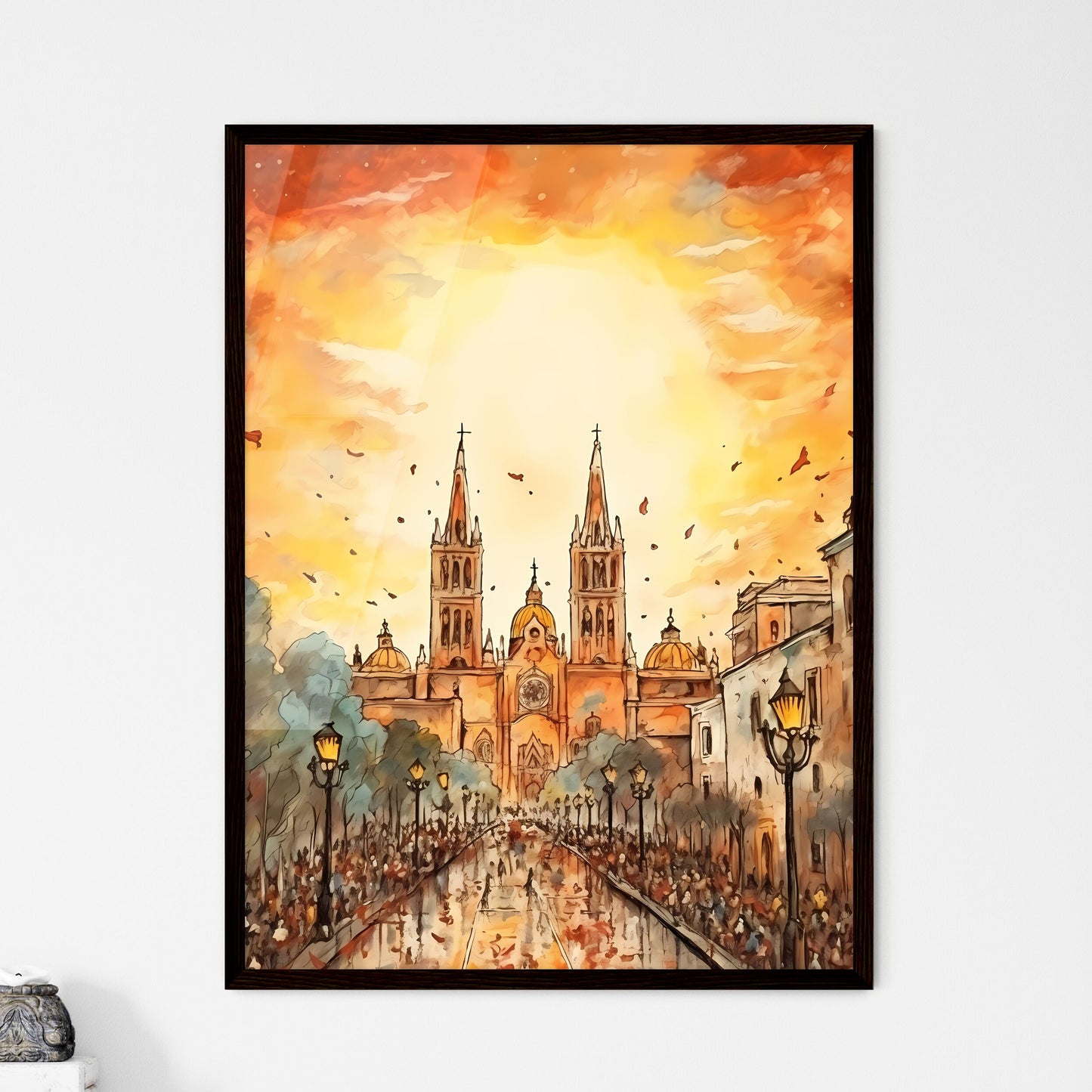 A Poster of cinco de mayo holiday - A Drawing Of A Church With A Crowd Of People Walking Down A Street Framed Art