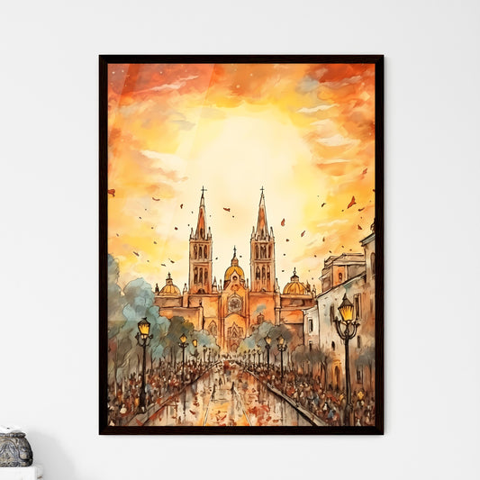 A Poster of cinco de mayo holiday - A Drawing Of A Church With A Crowd Of People Walking Down A Street Framed Art