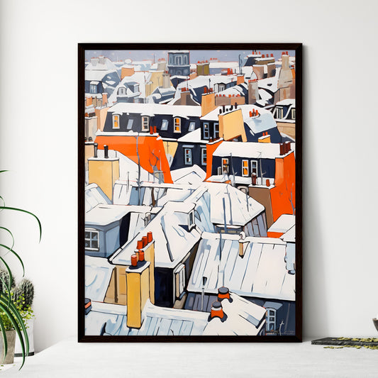 A Poster of snowy urban roofs of paris - A Rooftops Covered In Snow Framed Art
