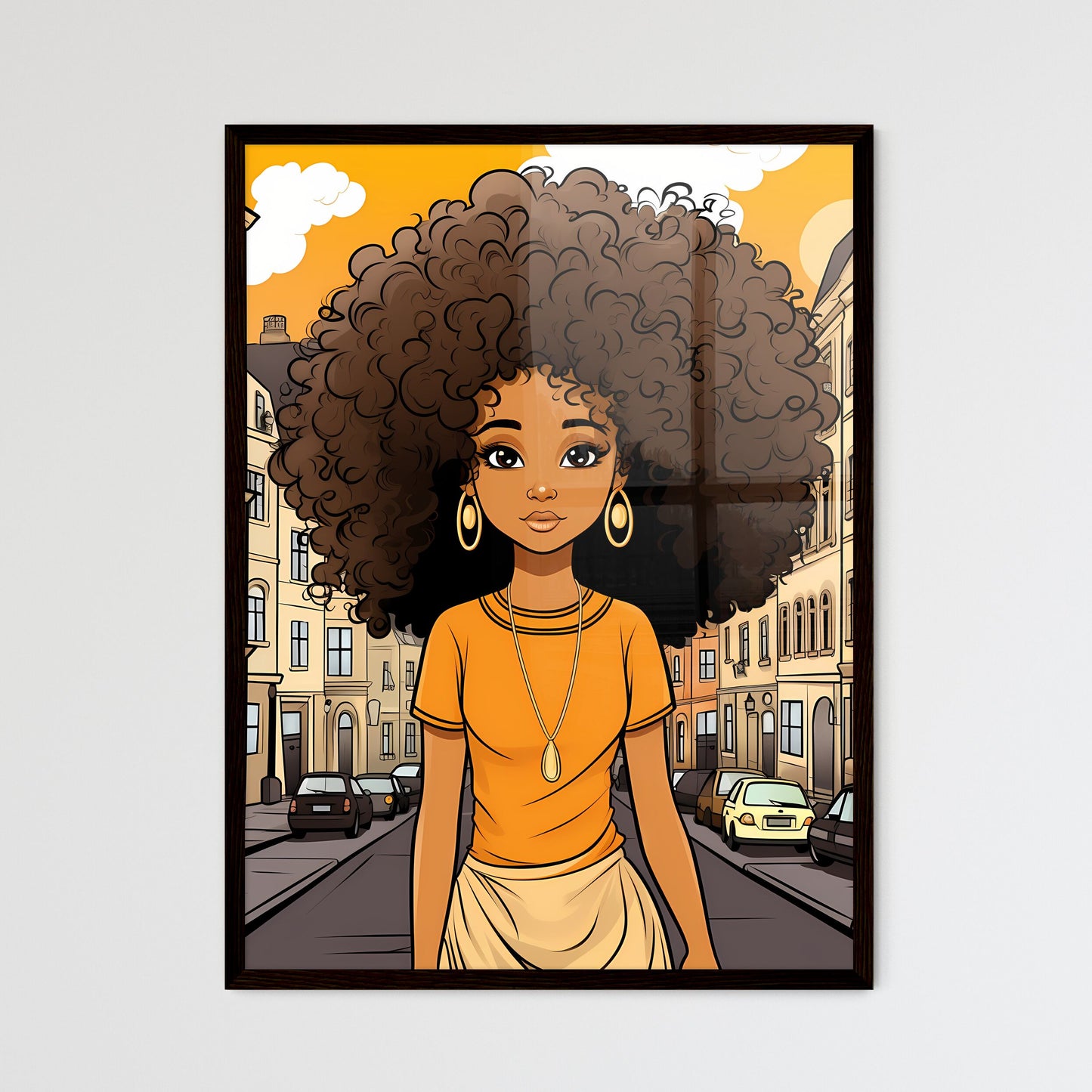 A Poster of cute afro girl - Cartoon Of A Woman With Big Curly Hair Framed Art