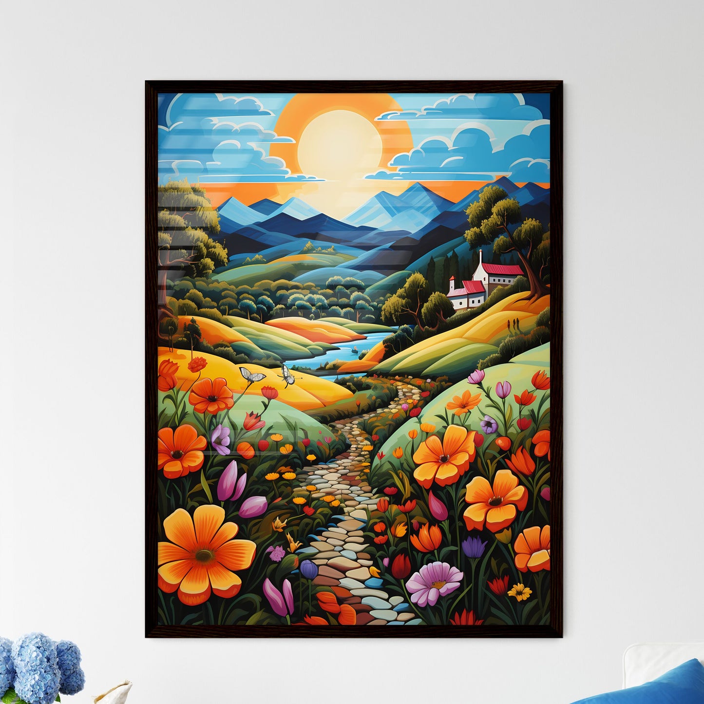 A Poster of summer landscape - A Painting Of A Landscape With A River And Flowers Default Title