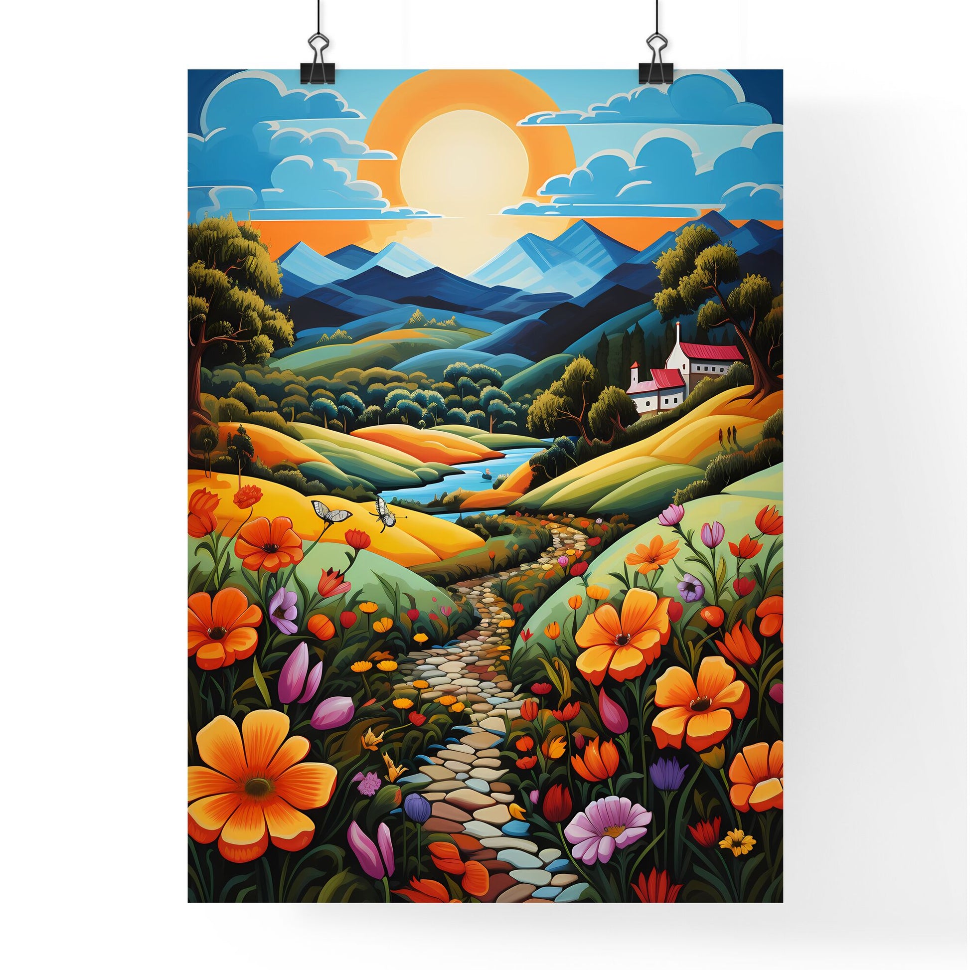 A Poster of summer landscape - A Painting Of A Landscape With A River And Flowers Default Title