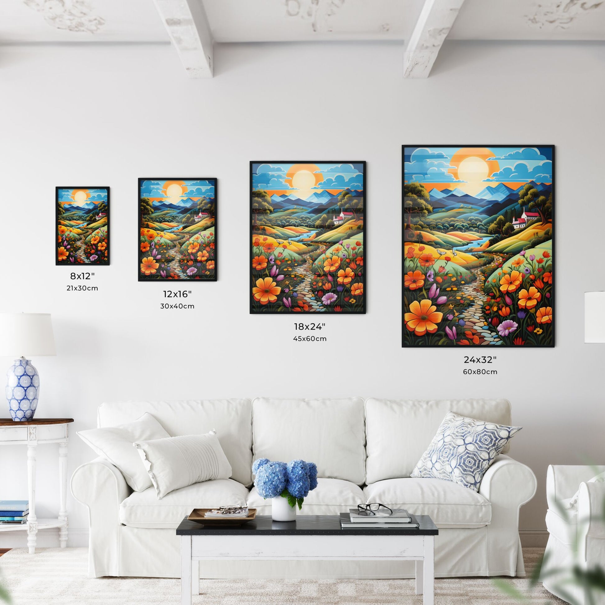 A Poster of summer landscape - A Painting Of A Landscape With A River And Flowers Default Title