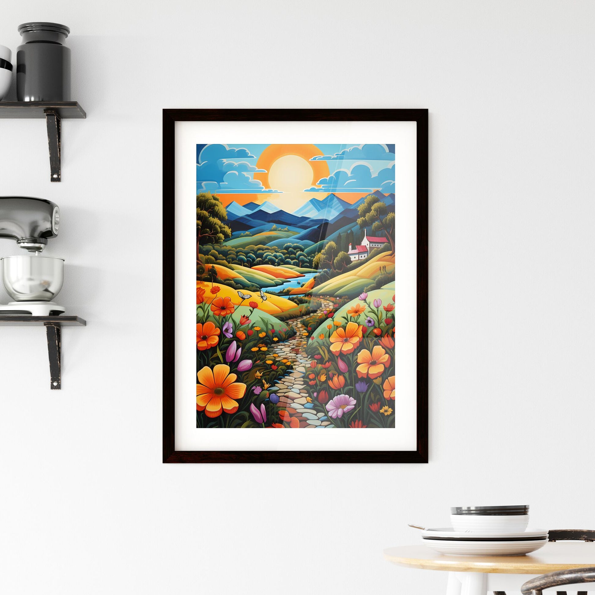 A Poster of summer landscape - A Painting Of A Landscape With A River And Flowers Default Title