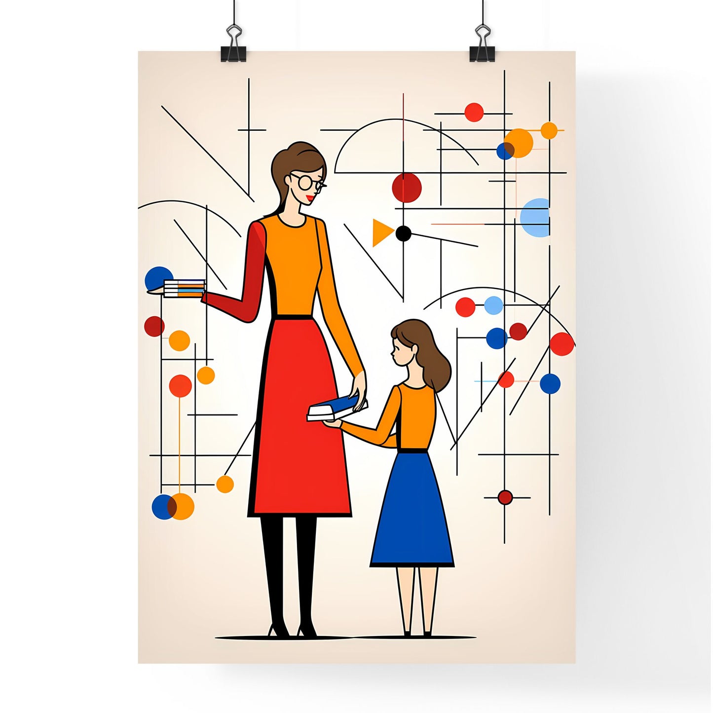 A Poster of minimalist teacher art - A Woman And A Girl Holding Books Default Title