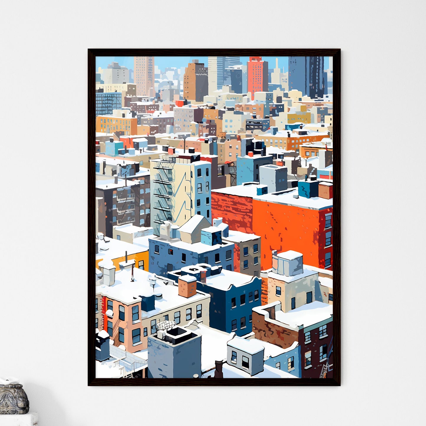 A Poster of snowy urban roofs of New York City - A City With Many Buildings Covered In Snow Framed Art