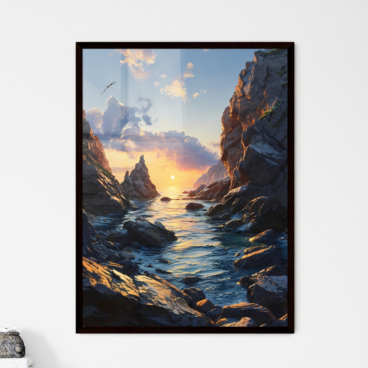 A Poster of sunset kissing the shimmering oc - Framed Art Print