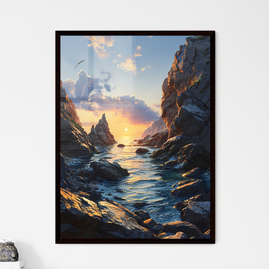 A Poster of sunset kissing the shimmering oc - Framed Art Print