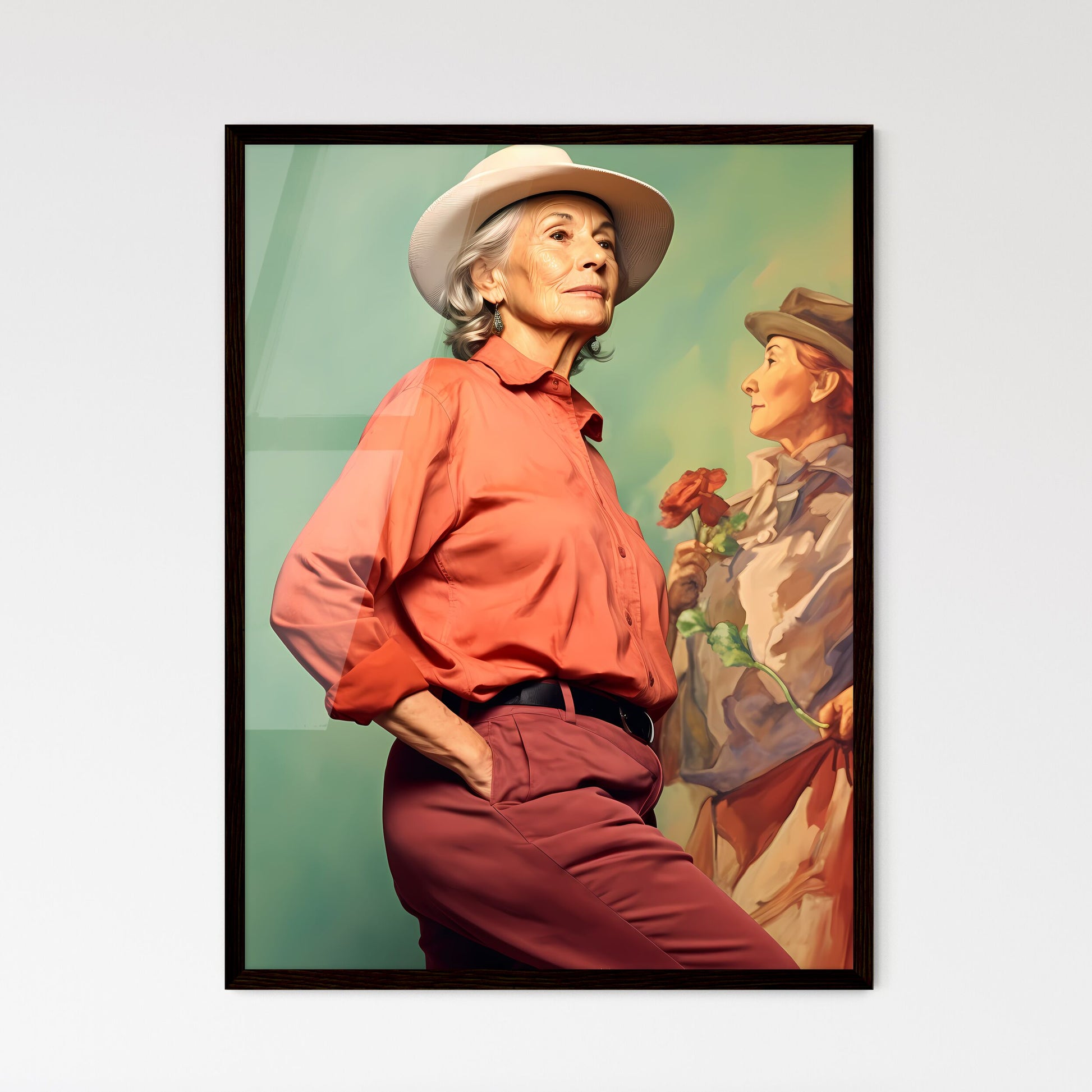A Poster of Woman in her 70s wearing stylish - Framed Art Print