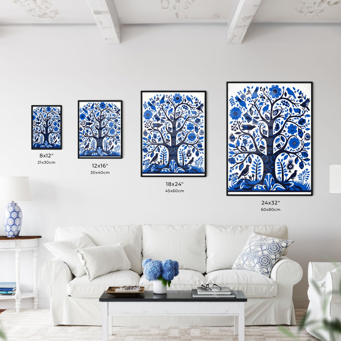 A Poster of silkscreened stencil - A Blue And White Tree With Birds And Flowers Default Title