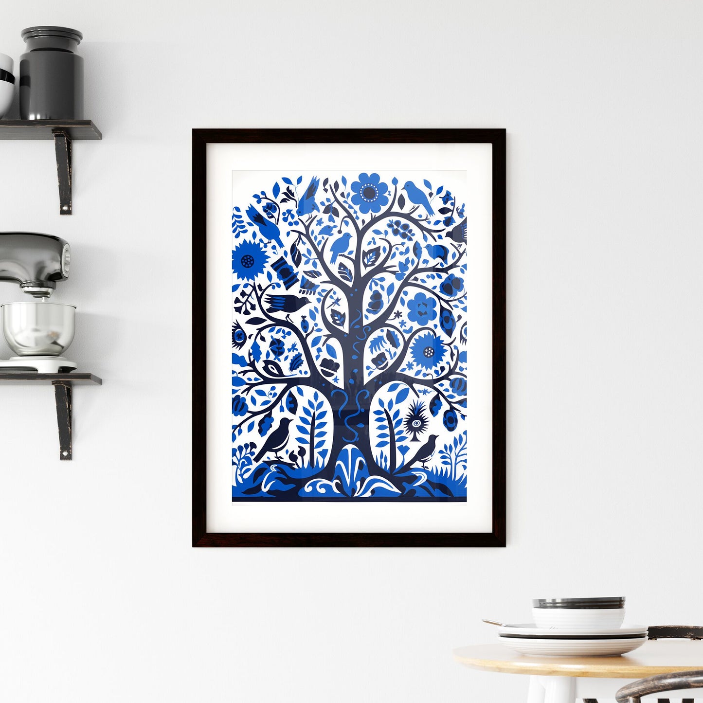 A Poster of silkscreened stencil - A Blue And White Tree With Birds And Flowers Default Title