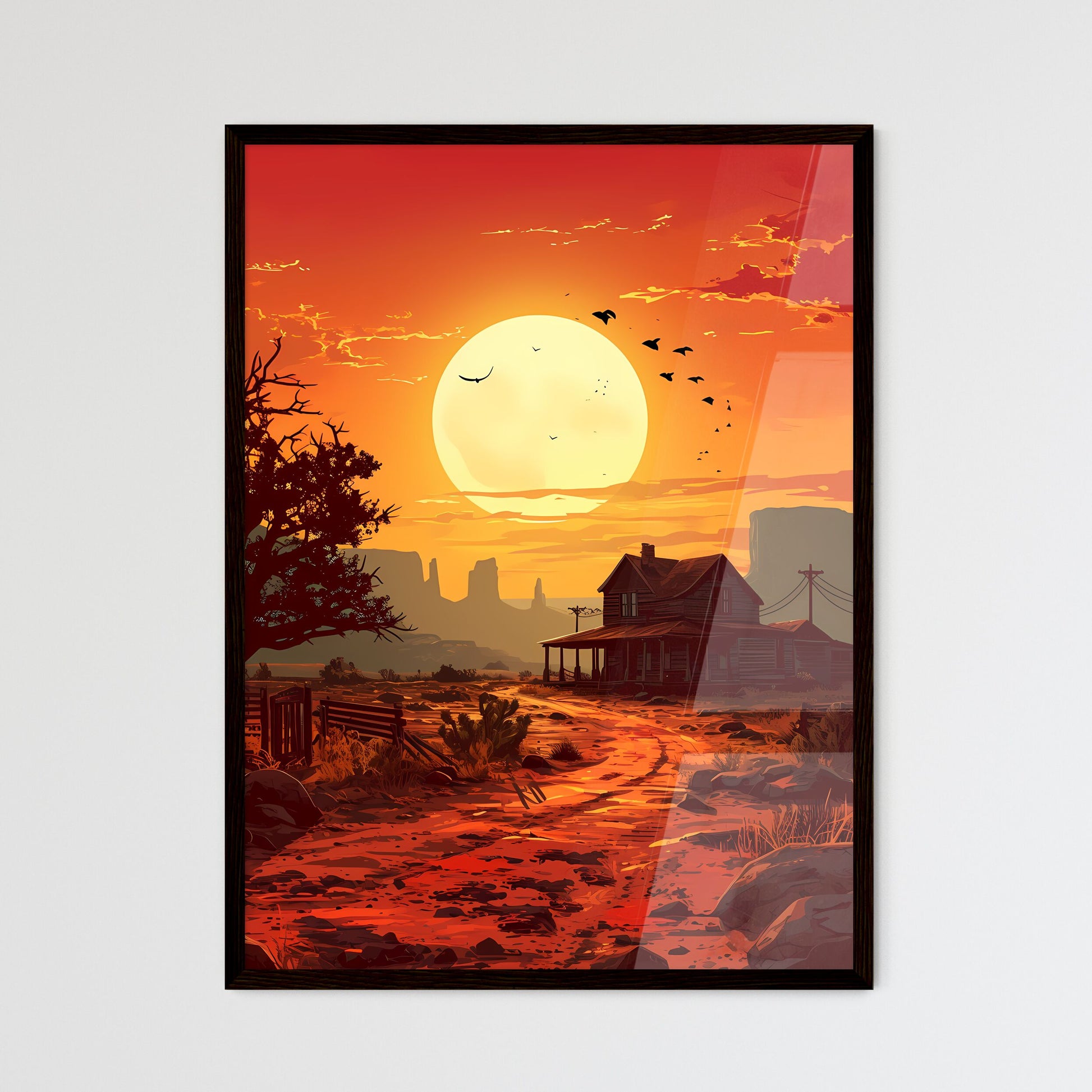 A Poster of winter desert day landscape - A House In A Desert With A Sunset Framed Art