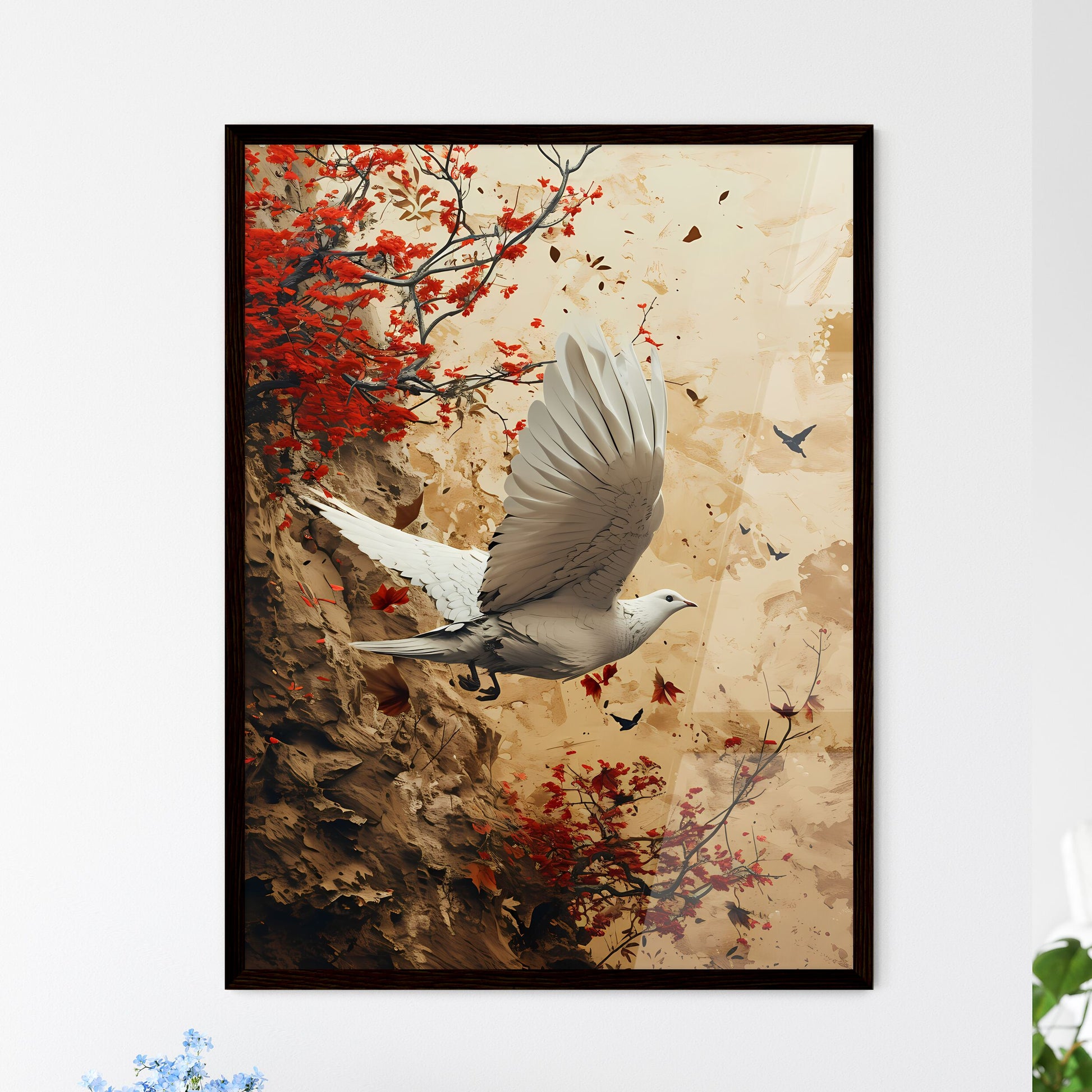 A Poster of watercolor bird in flight in beige tones  Wall Art