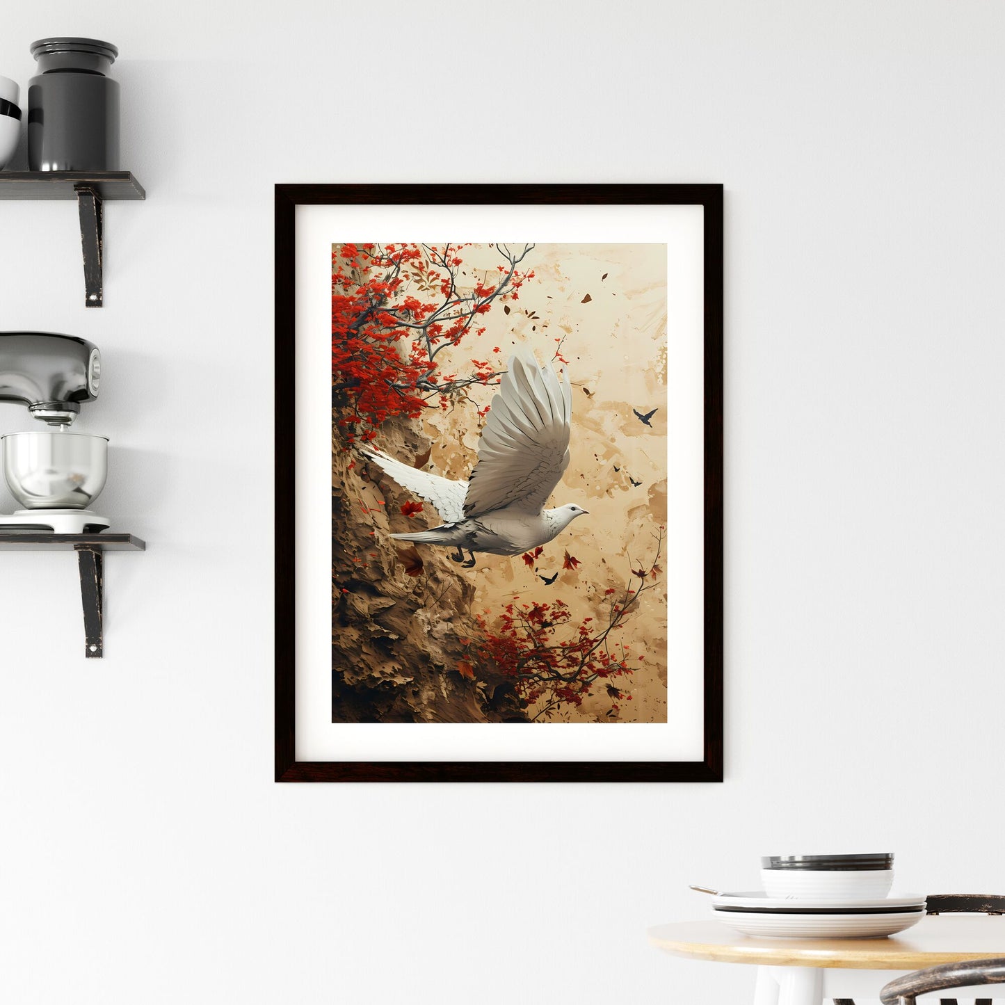 A Poster of watercolor bird in flight in beige tones - A White Bird Flying Over A Rock Wall Default Title