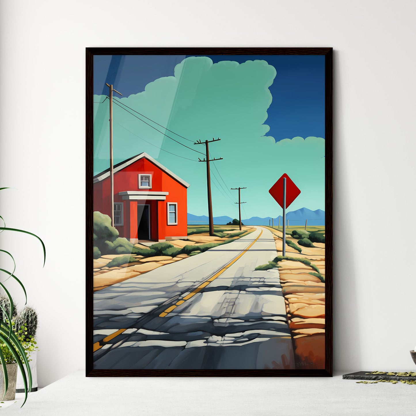 A Poster of end of the road - A Red House On A Road Framed Art