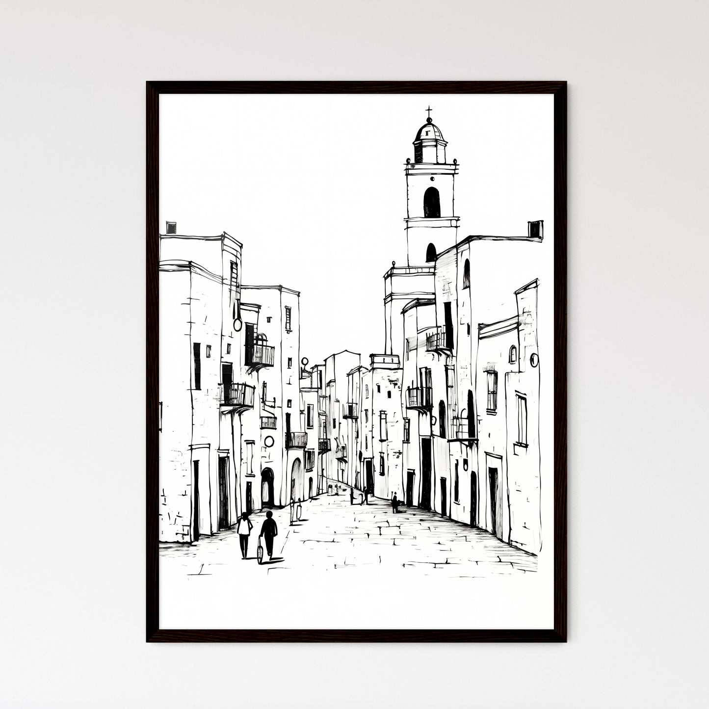A Poster of Trapani TP city center and some people - A Drawing Of A Street With Buildings Framed Art