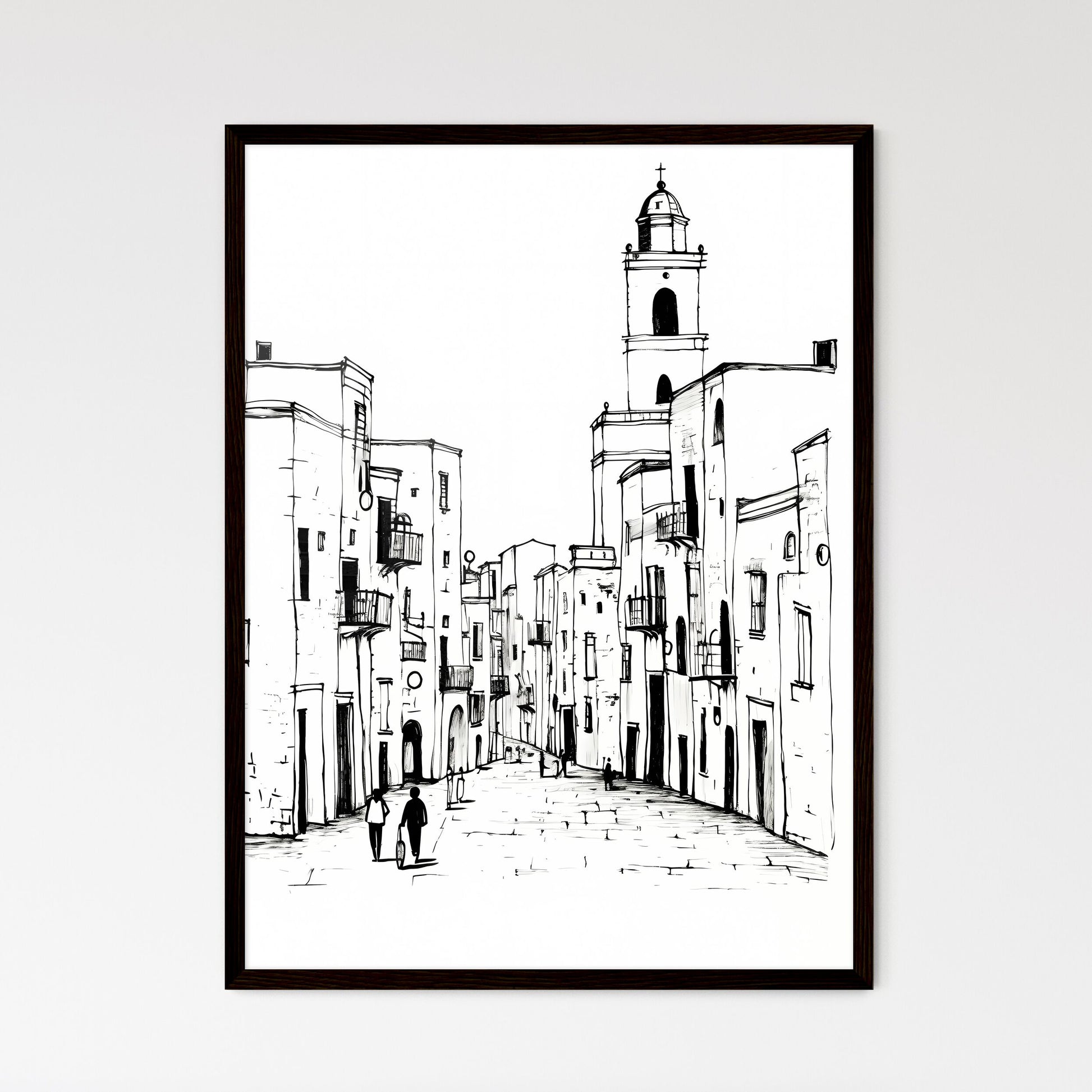A Poster of Trapani TP city center and some people - A Drawing Of A Street With Buildings Framed Art