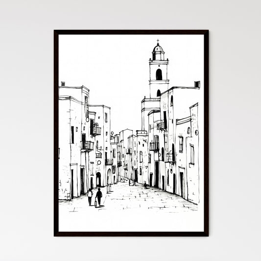 A Poster of Trapani TP city center and some people - A Drawing Of A Street With Buildings Framed Art