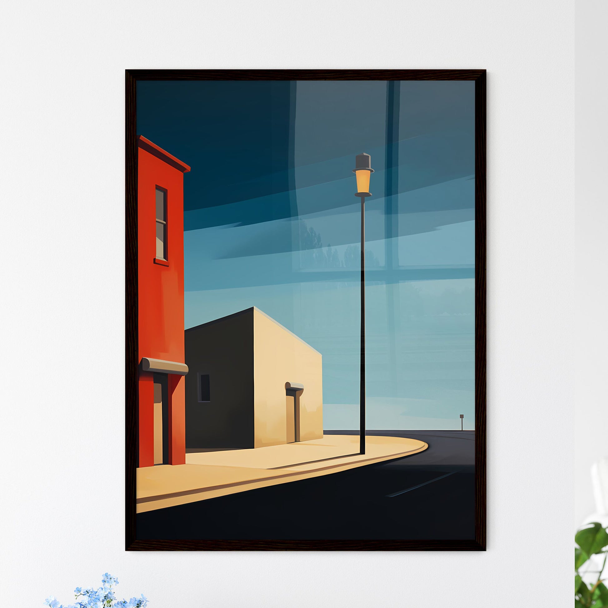 A Poster of end of the road - A Street Light And A Building Framed Art