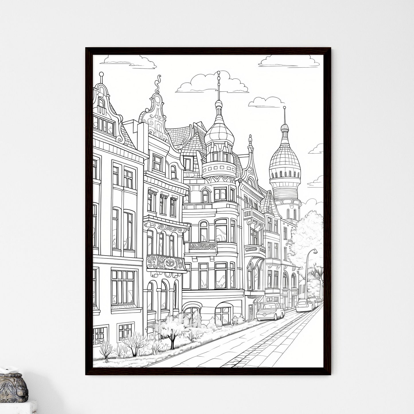 A Poster of berlin houses coloring page - A Drawing Of A Street With Buildings And Cars Default Title