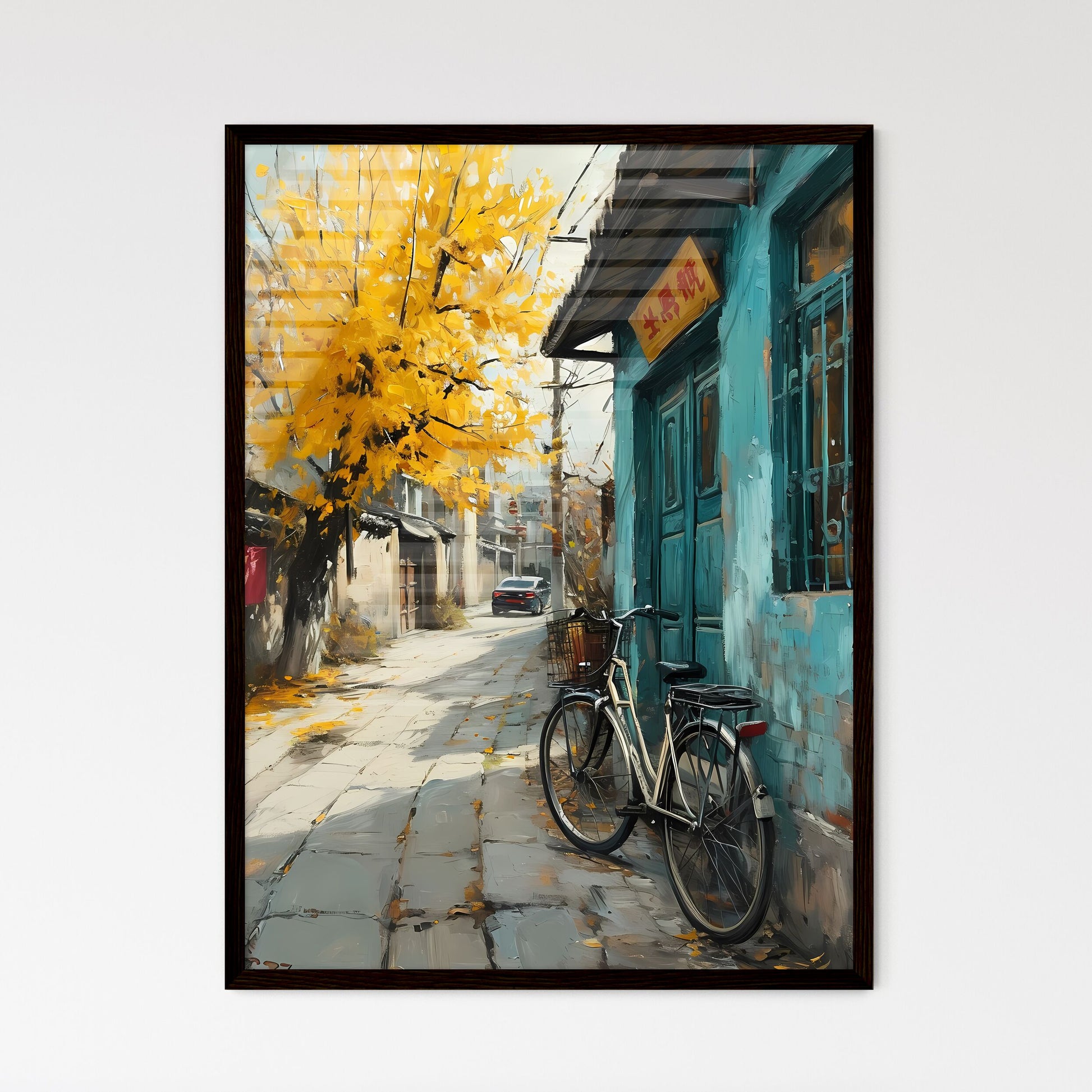 A Poster of an oil painting of a bicycle against a yellow tree - A Bicycle Parked On A Sidewalk Framed Art