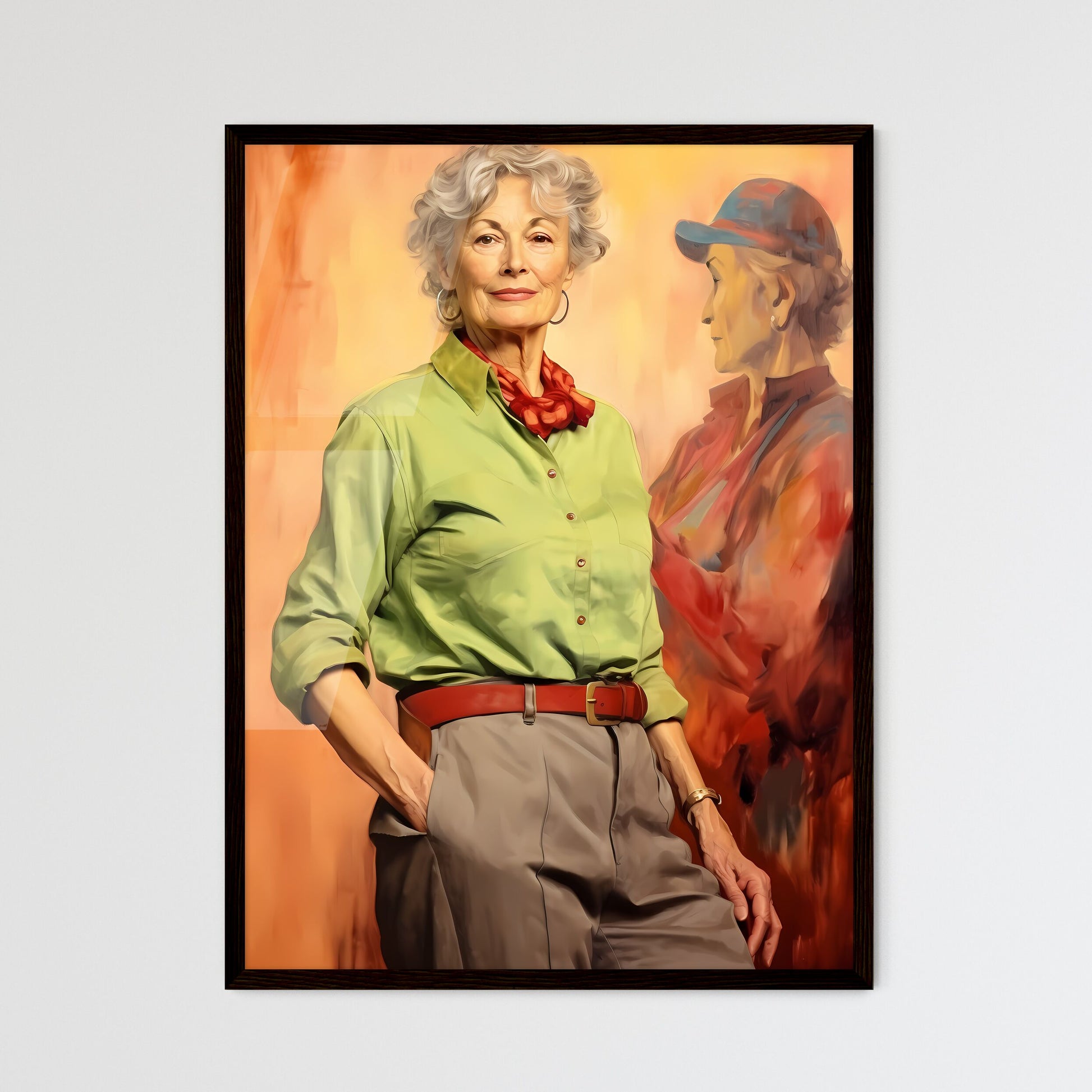 A Poster of Woman in her 70s wearing stylish - Framed Art Print