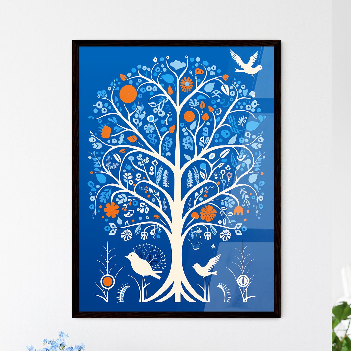 A Poster of silkscreened stencil - A White Tree With Birds And Flowers Default Title