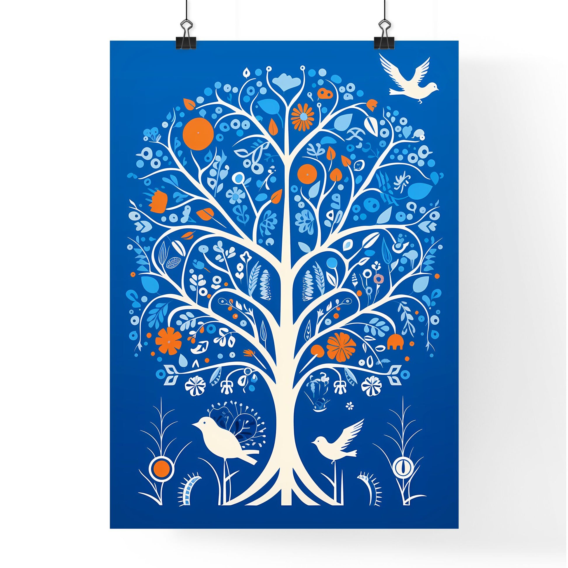 A Poster of silkscreened stencil - A White Tree With Birds And Flowers Default Title