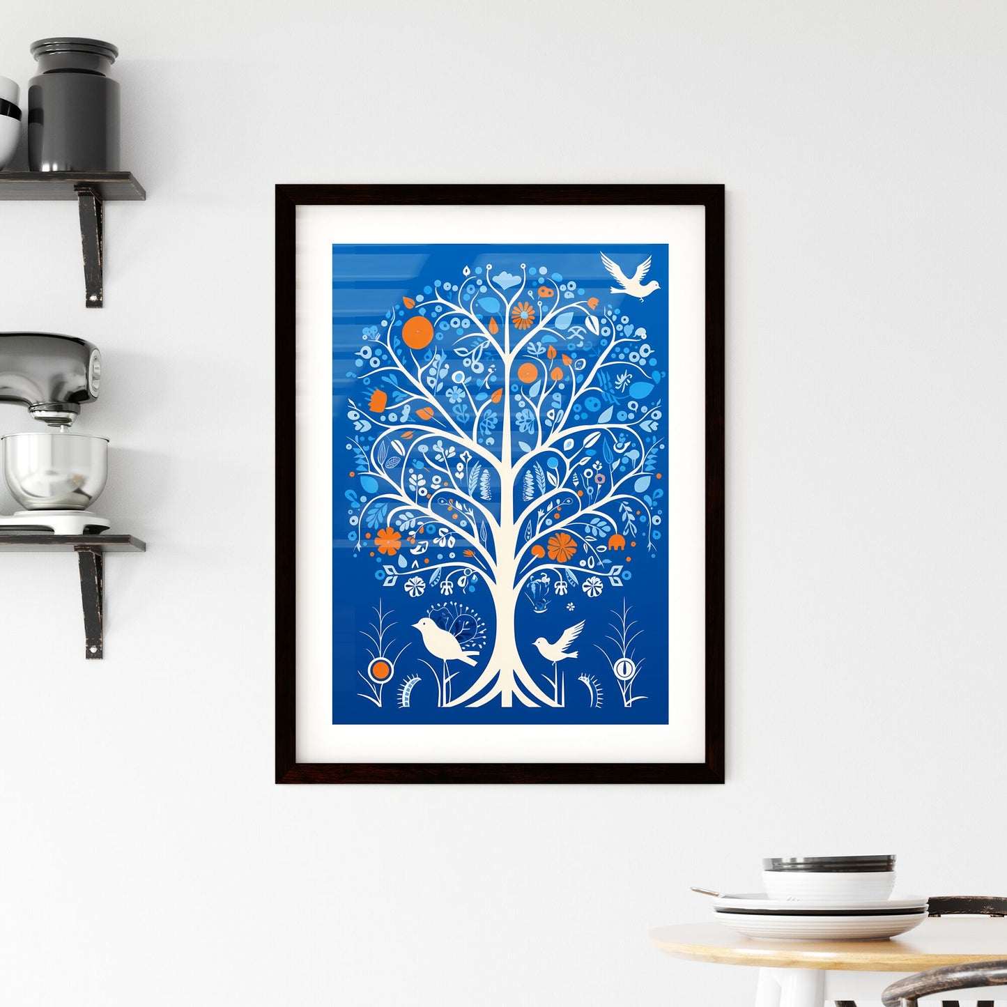 A Poster of silkscreened stencil - A White Tree With Birds And Flowers Default Title