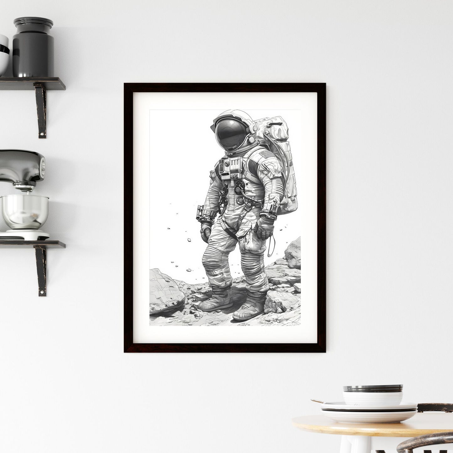 A Poster of Coloring page for kids spacesuits - A Drawing Of An Astronaut On A Rocky Surface Default Title