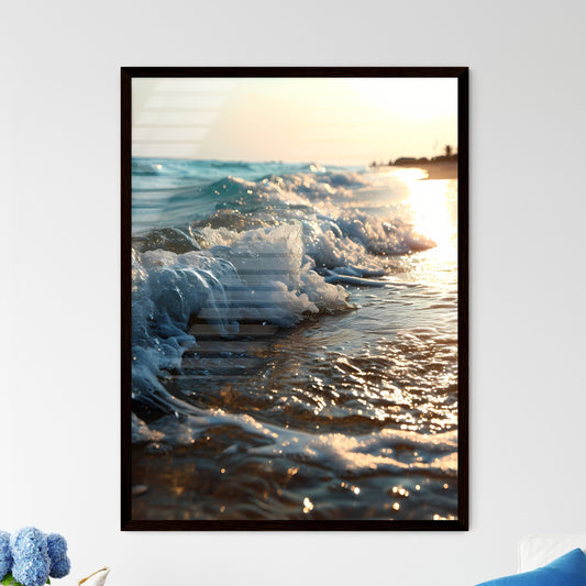 A Poster of sunset kissing the shimmering oc - Framed Art Print
