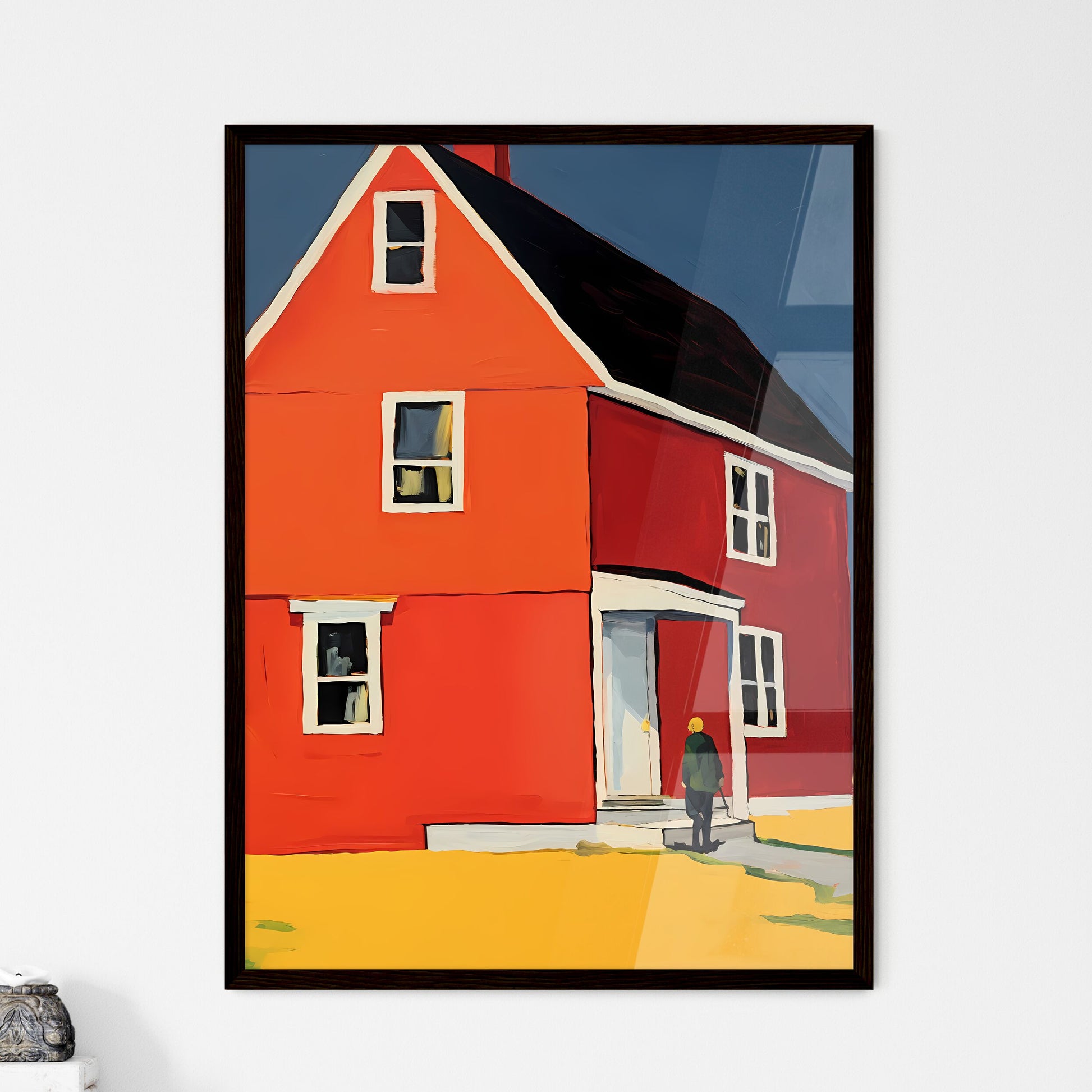A Poster of nursing home saturated color - A Person Walking In Front Of A Red House Framed Art