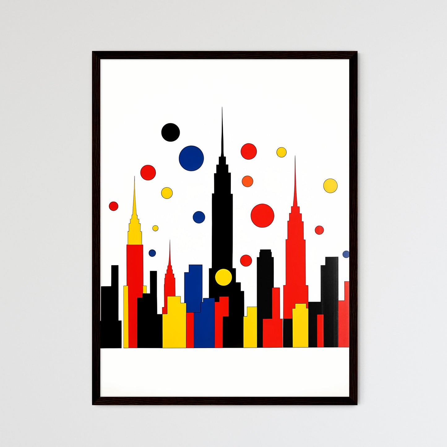A Poster of minimalist New York City skyline - A Colorful Cityscape With Dots Framed Art