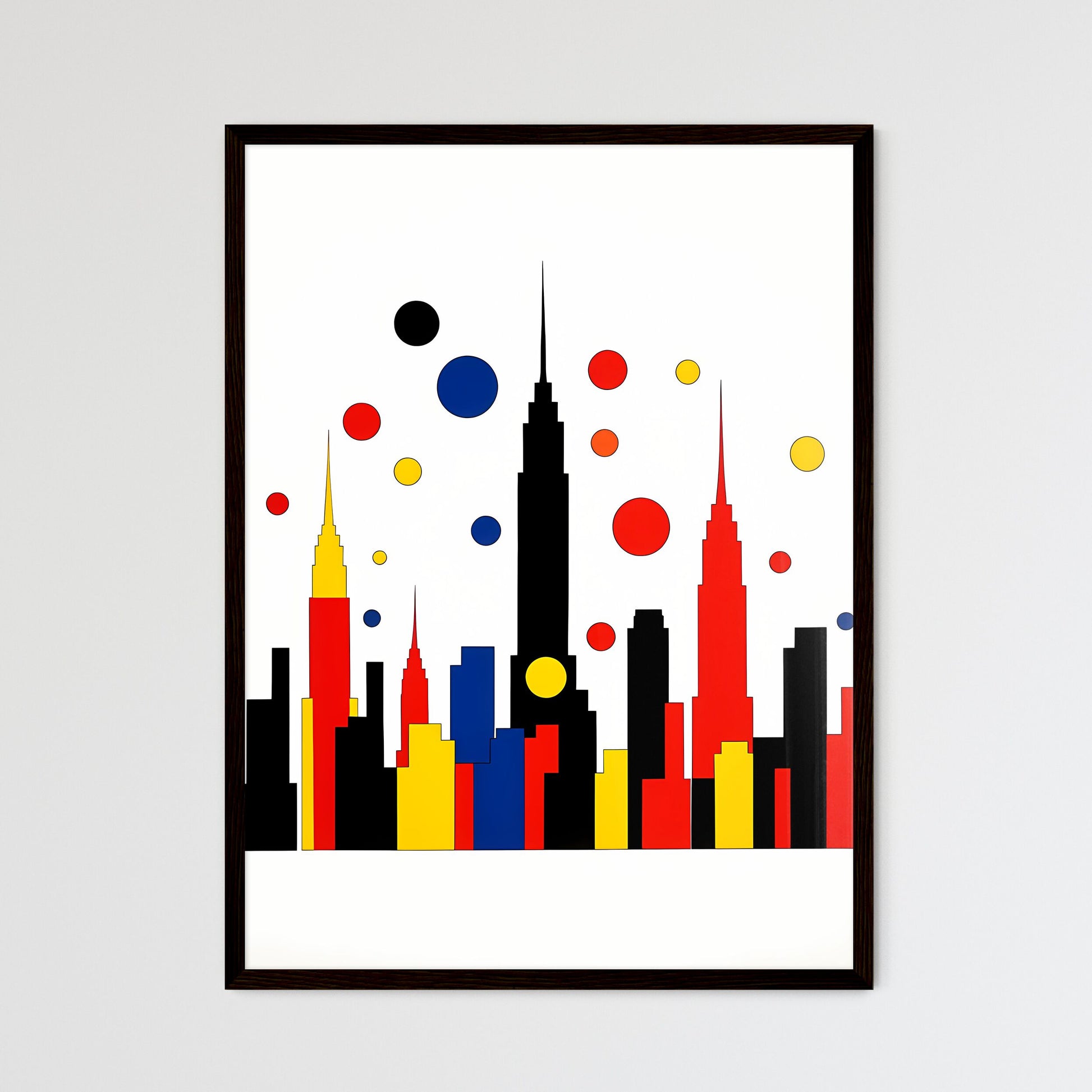 A Poster of minimalist New York City skyline - A Colorful Cityscape With Dots Framed Art