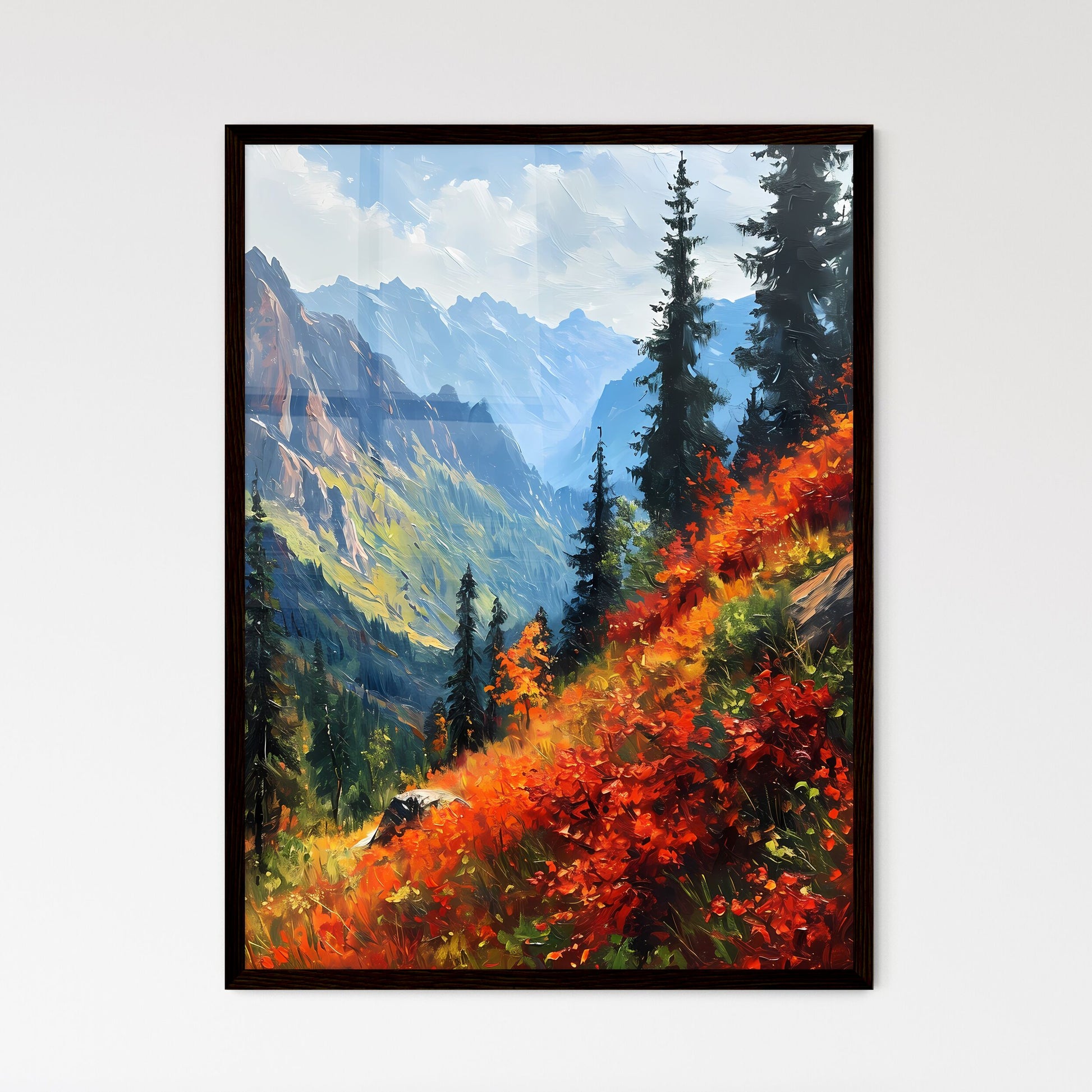 A Poster of Mountains landscape - A Mountain Landscape With Trees And Flowers Default Title