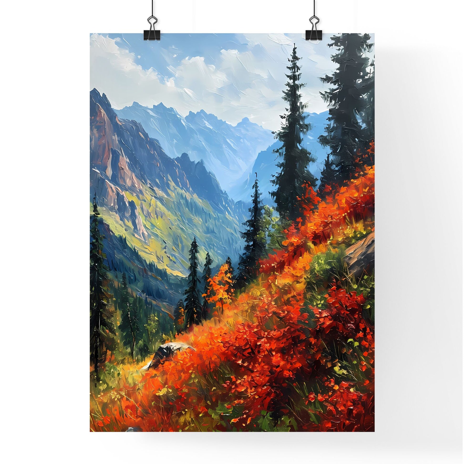 A Poster of Mountains landscape - A Mountain Landscape With Trees And Flowers Default Title