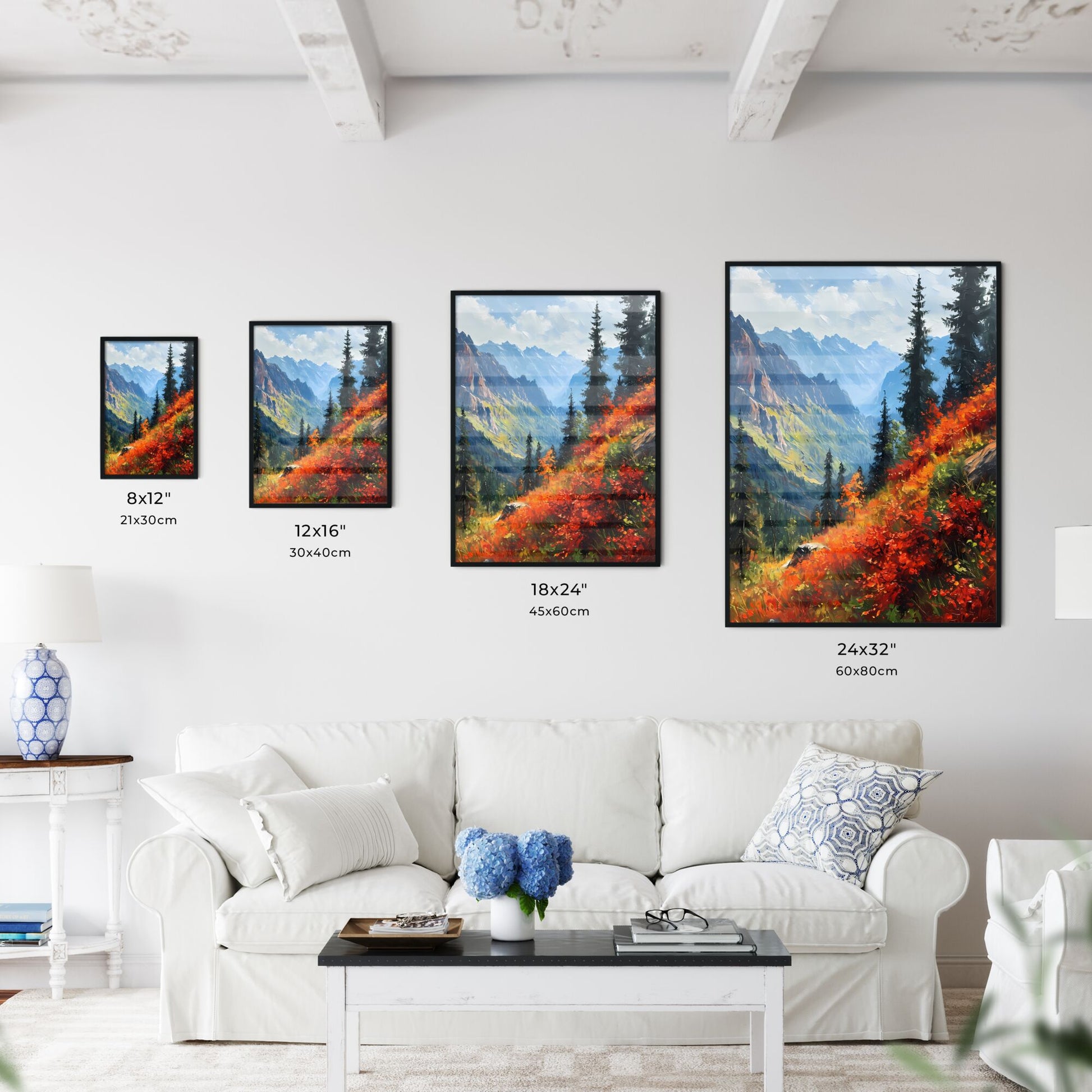 A Poster of Mountains landscape - A Mountain Landscape With Trees And Flowers Default Title