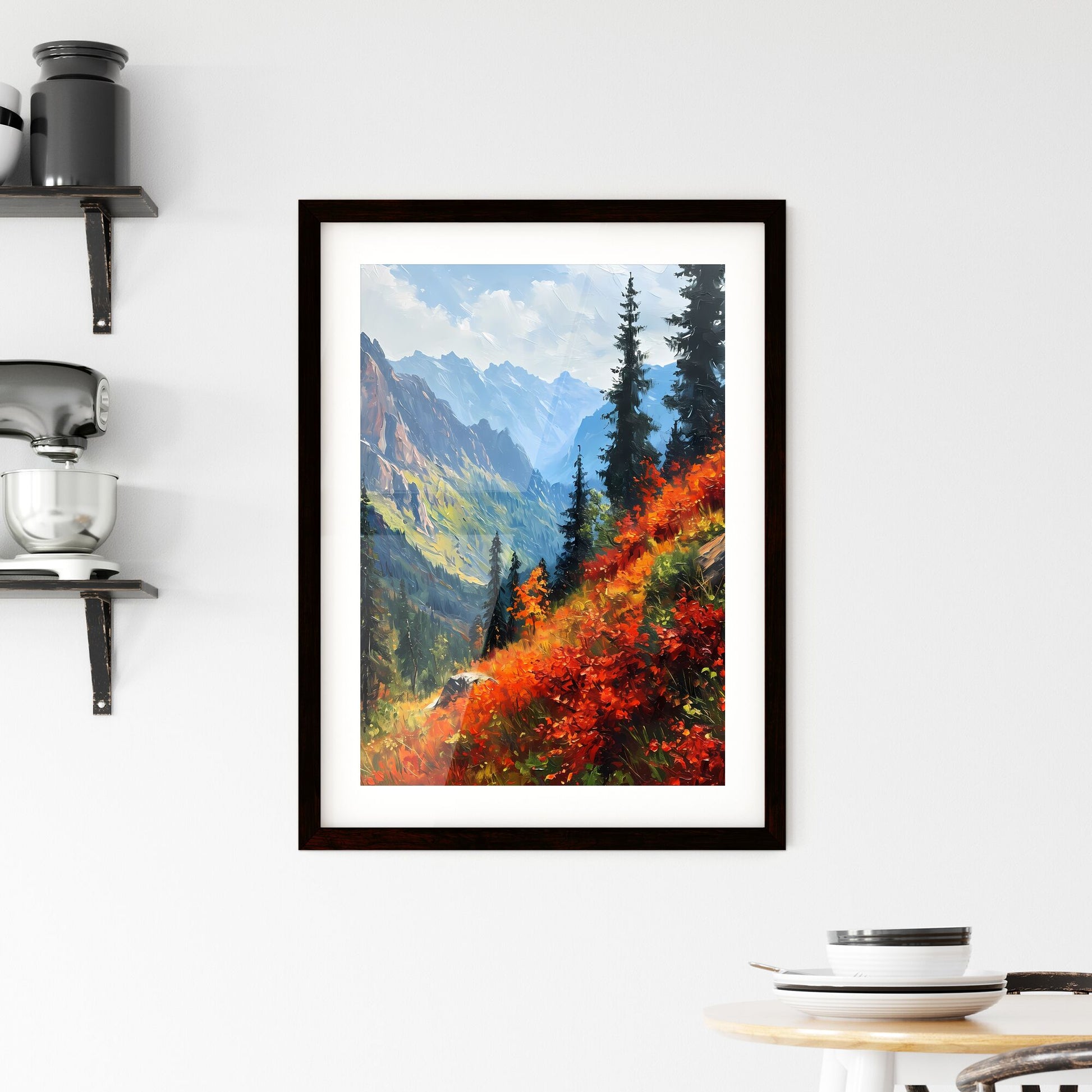 A Poster of Mountains landscape - A Mountain Landscape With Trees And Flowers Default Title