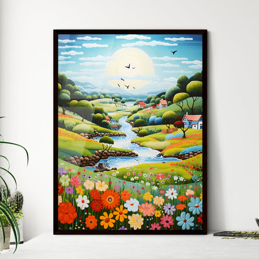 A Poster of summer landscape - A Painting Of A River Running Through A Valley With Houses And Trees Default Title