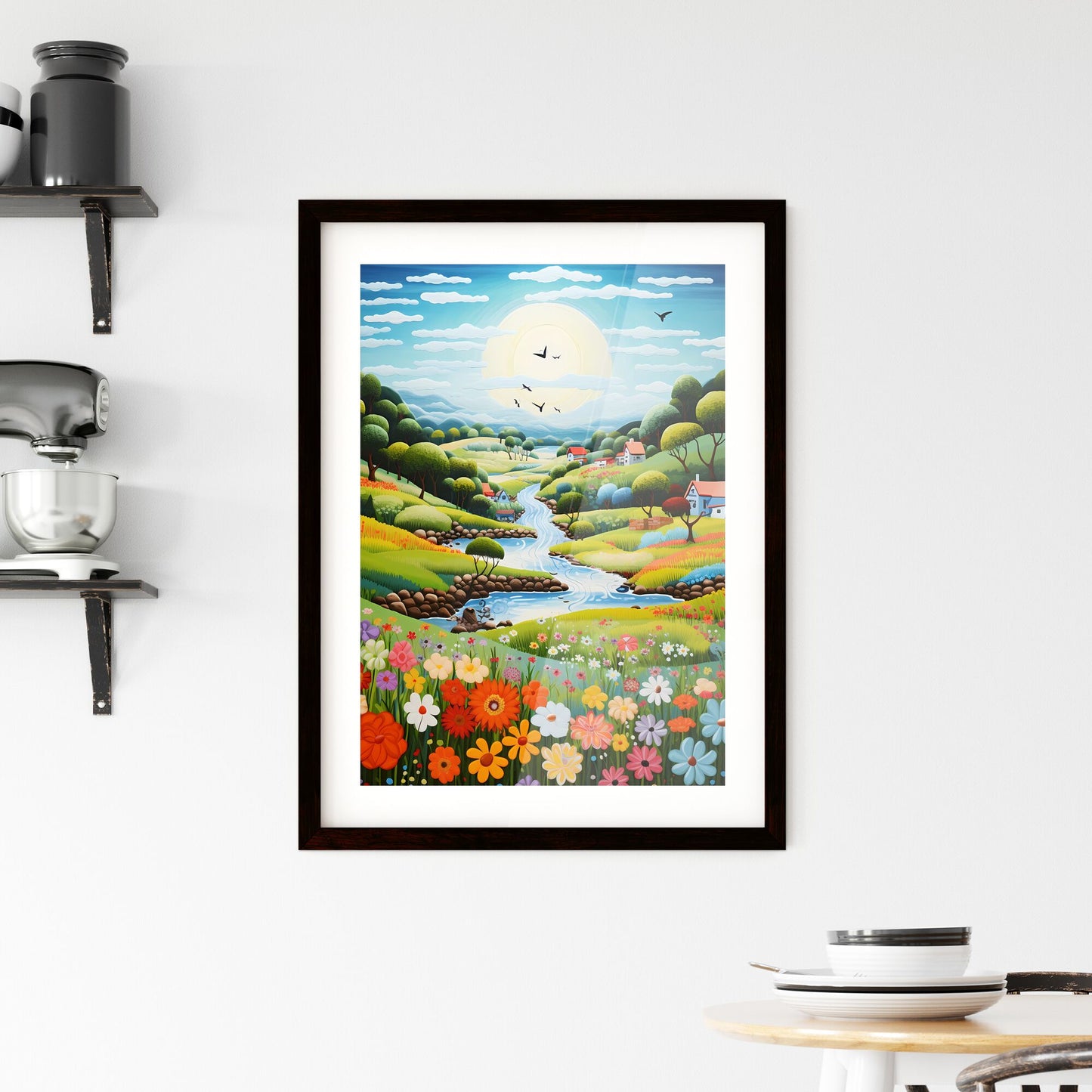 A Poster of summer landscape - A Painting Of A River Running Through A Valley With Houses And Trees Default Title