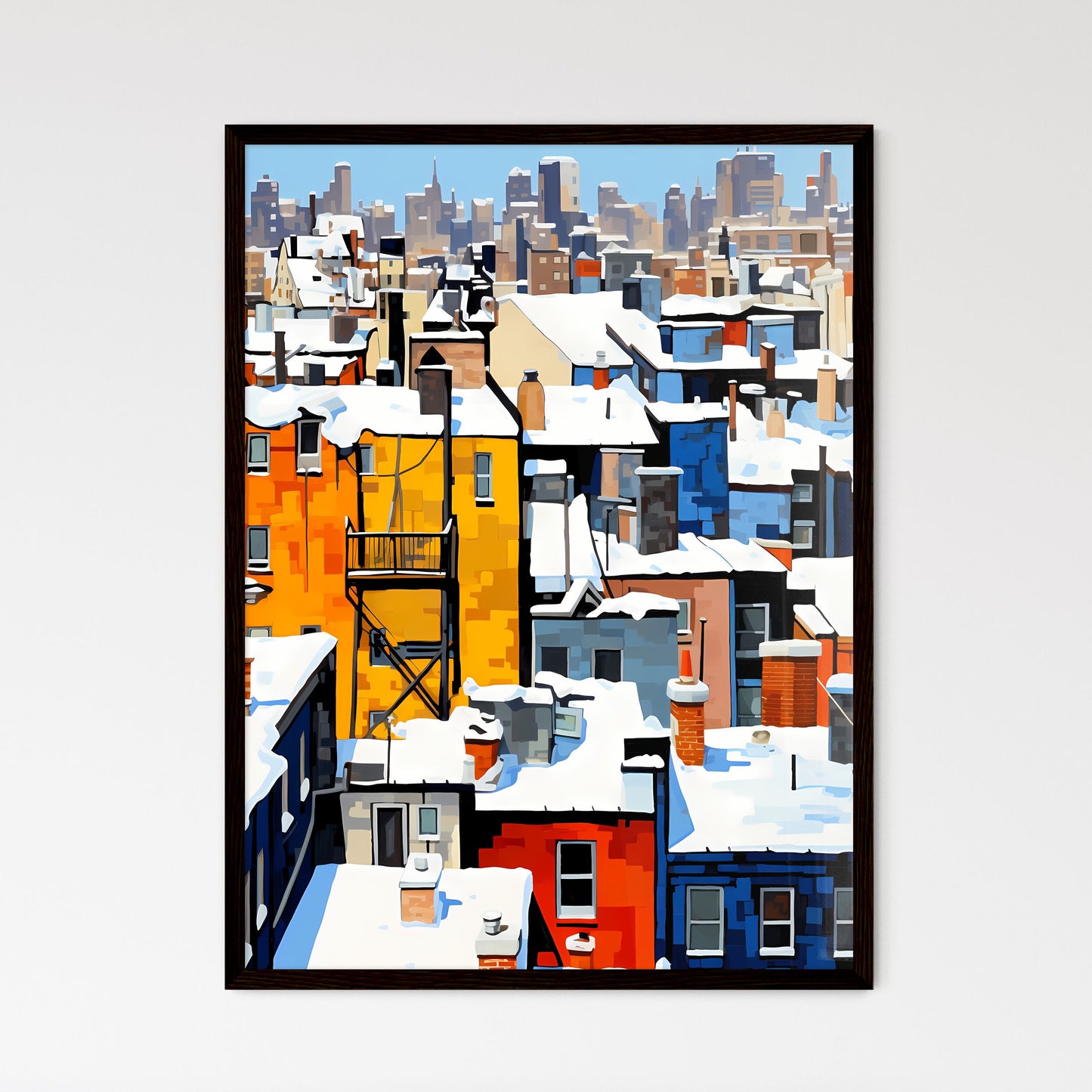 A Poster of snowy urban roofs of New York City - A Group Of Buildings Covered In Snow Framed Art