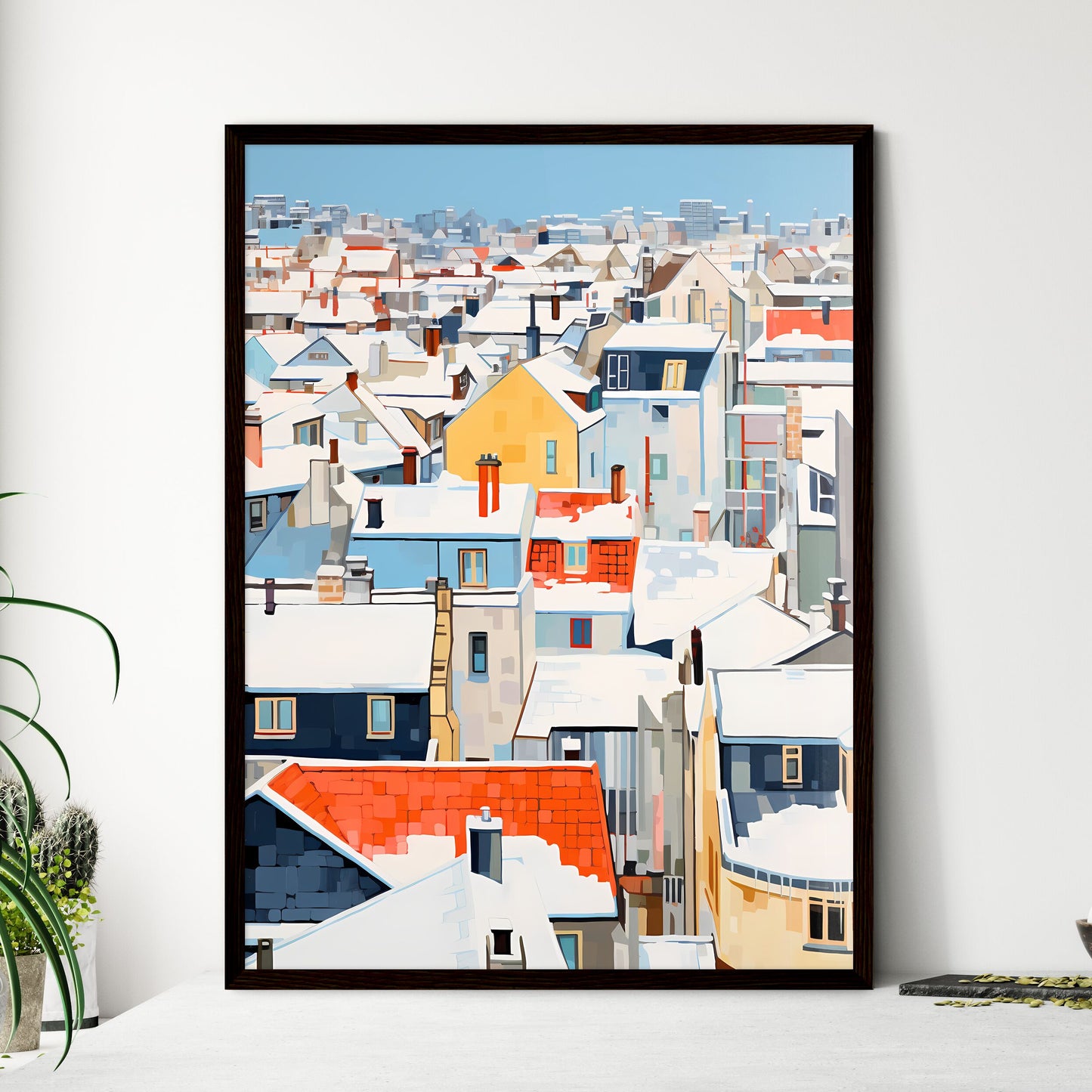 A Poster of snowy urban roofs of paris - A Group Of Buildings Covered In Snow Framed Art