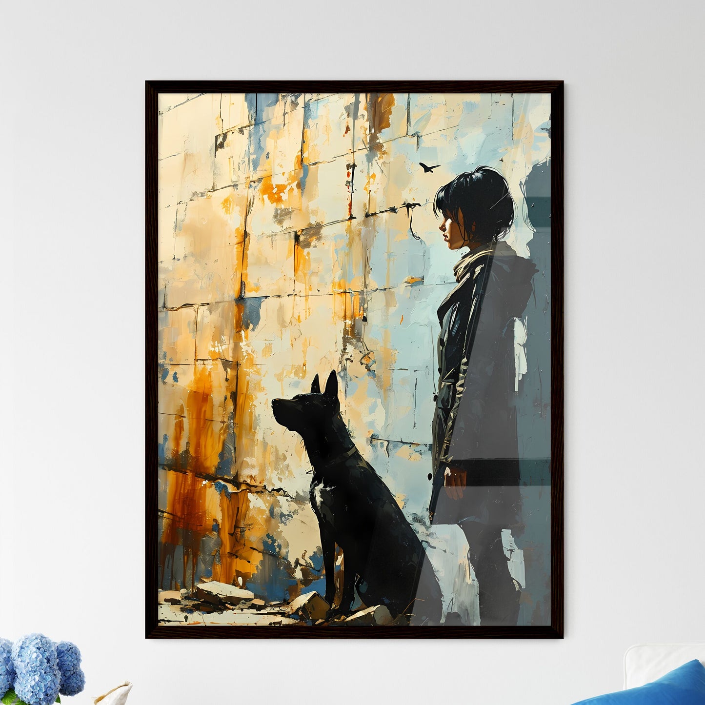 A Poster of a girl is walking with a black dog - A Woman And A Dog Default Title