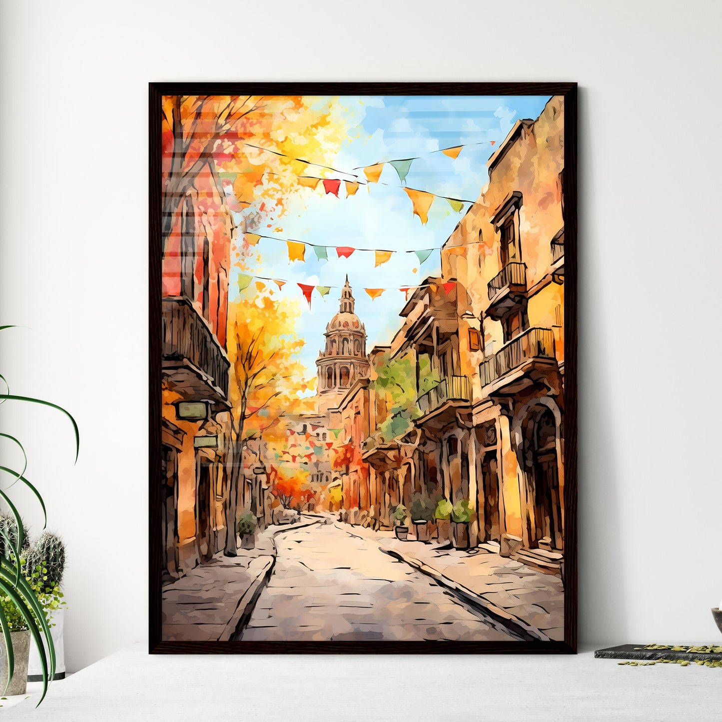 A Poster of cinco de mayo holiday - A Street With Flags And Buildings Framed Art