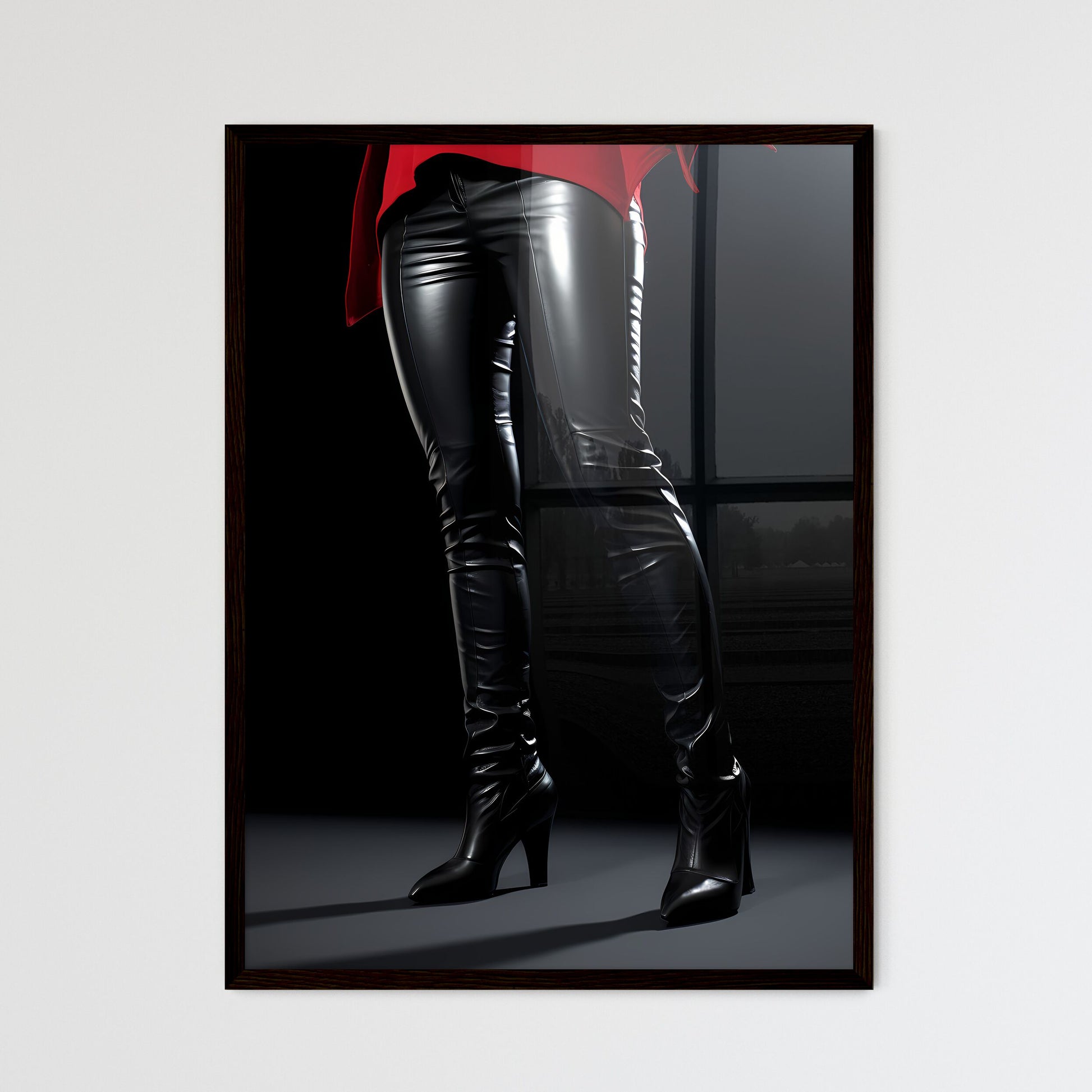 A Poster of female black skintight leather pants hips - A Woman Wearing  Black Leather Pants And Red Tie