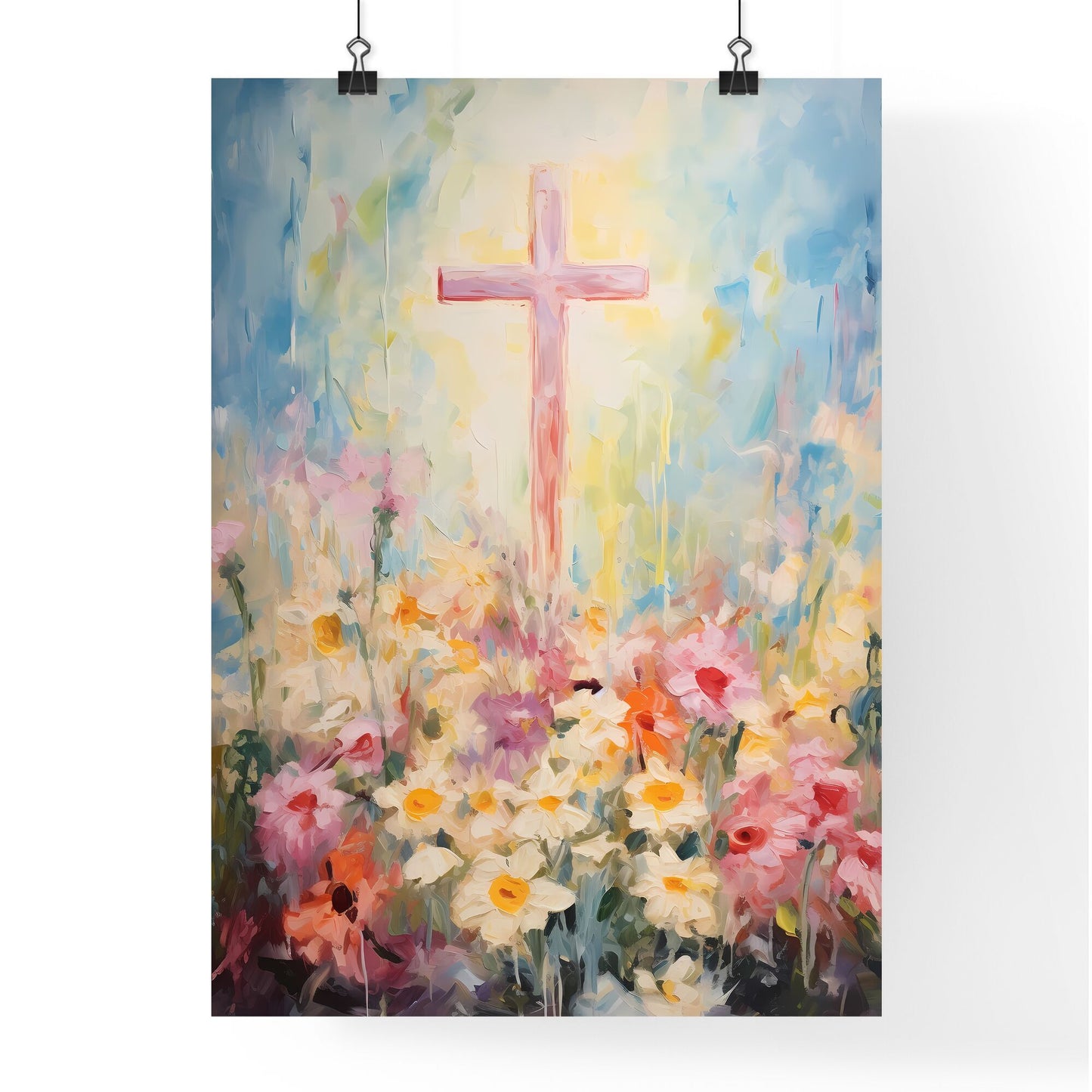 A Poster of a painting of a cross - A Painting Of A Cross In A Field Of Flowers Default Title